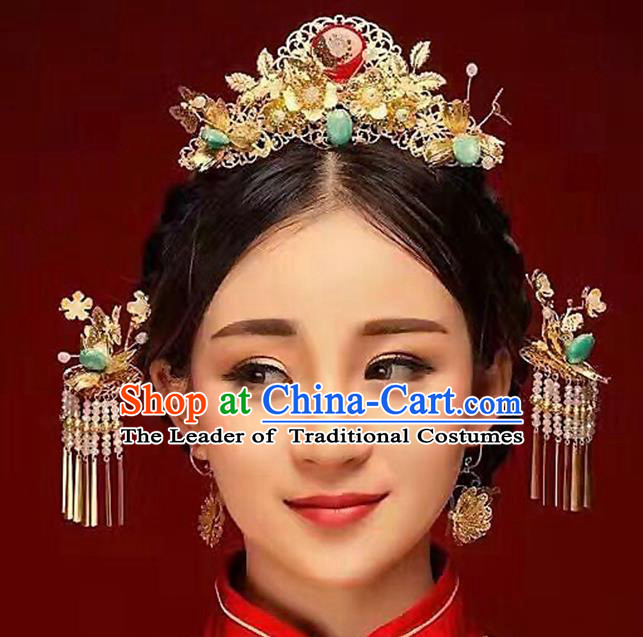 Ancient Chinese Handmade Classical Hair Accessories Hairpins Phoenix Coronet Tassel Step Shake Complete Set for Women