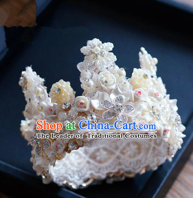 Top Grade Handmade Hair Accessories Baroque Silk Flowers Pearls Royal Crown Headwear for Women