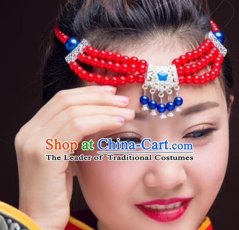 Traditional Chinese Mongol Nationality Dance Hair Accessories, Mongolian Minority Red Beads Tassel Headwear for Women