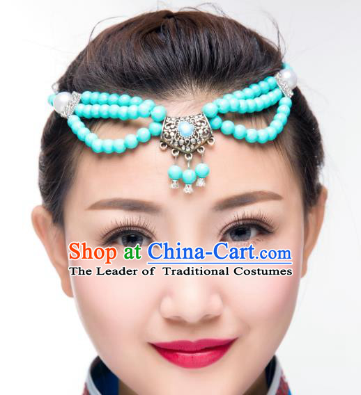 Traditional Chinese Mongol Nationality Dance Hair Accessories, Mongolian Minority Blue Beads Tassel Headwear for Women