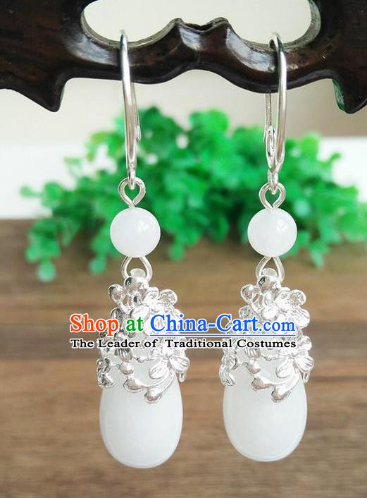 Top Grade Chinese Handmade Wedding Accessories Hanfu Palace White Jade Brass Earrings for Women