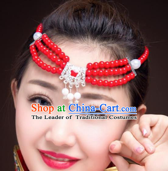 Traditional Chinese Mongol Nationality Dance Hair Accessories, Mongolian Minority Red Beads Hair Clasp Headwear for Women