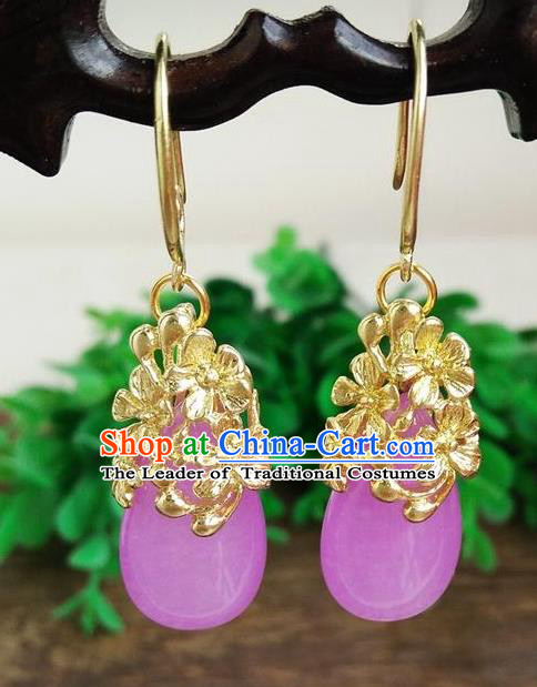Top Grade Chinese Handmade Wedding Accessories Brass Eardrop Hanfu Purple Jade Earrings for Women