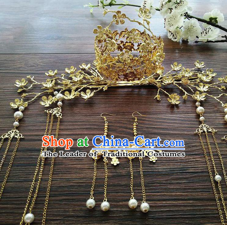 Ancient Chinese Handmade Classical Hair Accessories Golden Phoenix Coronet Hairpins Complete Set for Women