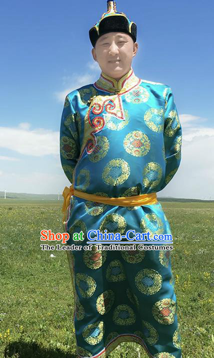 Traditional Chinese Mongol Nationality Costume Blue Mongolian Robe, Mongolian Folk Dance Clothing for Men