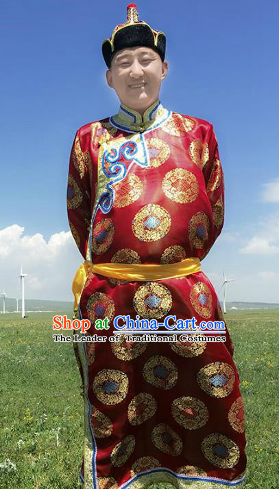 Traditional Chinese Mongol Nationality Costume Red Mongolian Robe, Mongolian Folk Dance Clothing for Men