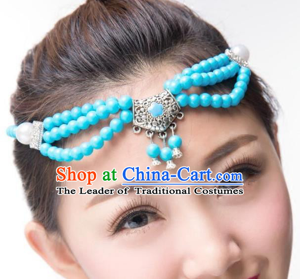 Traditional Chinese Mongol Nationality Dance Hair Accessories, Mongolian Minority Blue Beads Hair Clasp Headwear for Women