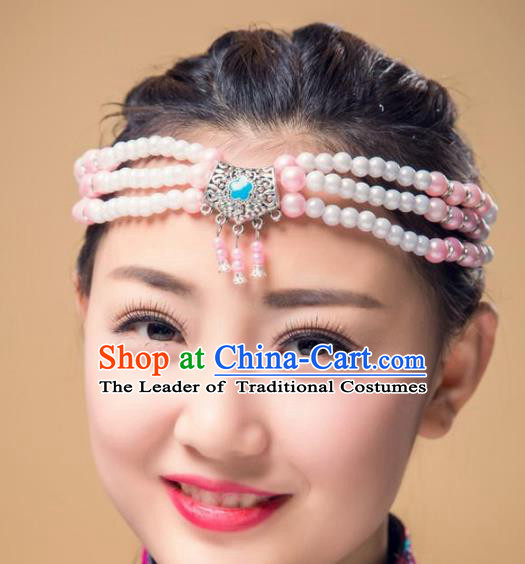 Traditional Chinese Mongol Nationality Handmade Hair Accessories, Mongolian Minority Pink Beads Headwear for Women