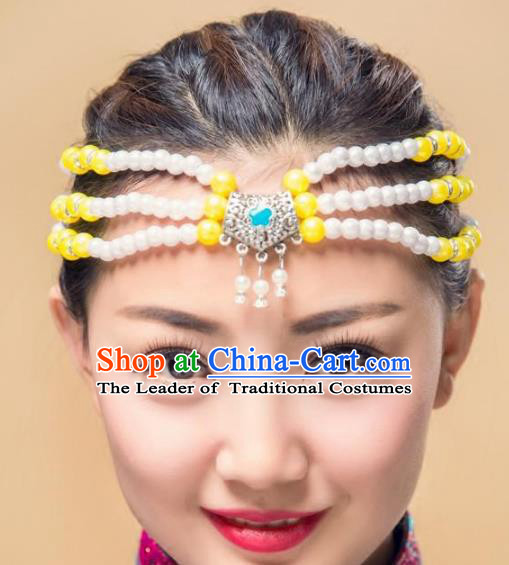 Traditional Chinese Mongol Nationality Handmade Hair Accessories, Mongolian Minority Yellow Beads Headwear for Women