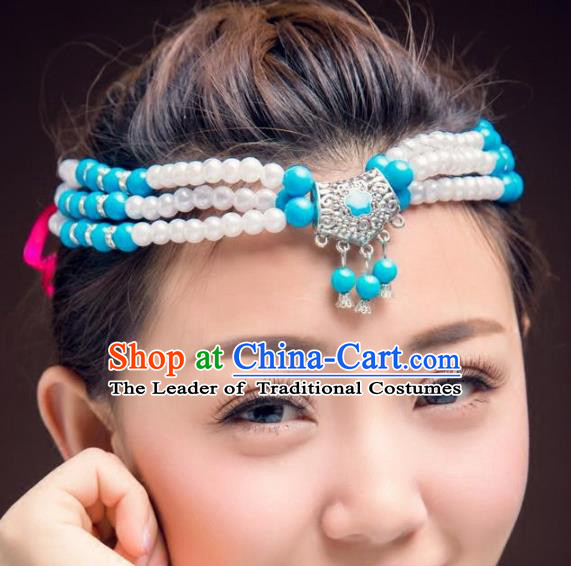 Traditional Chinese Mongol Nationality Handmade Hair Accessories, Mongolian Minority Blue Beads Headwear for Women
