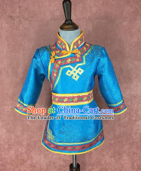 Traditional Chinese Mongol Nationality Costume Children Blue Mongolian Robe, Mongolian Folk Dance Clothing for Kids