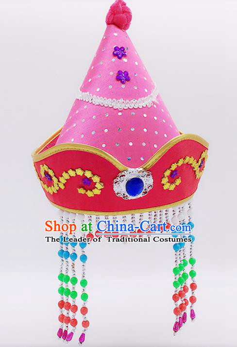 Traditional Chinese Mongol Nationality Princess Hair Accessories, Mongolian Minority Pink Hats for Kids