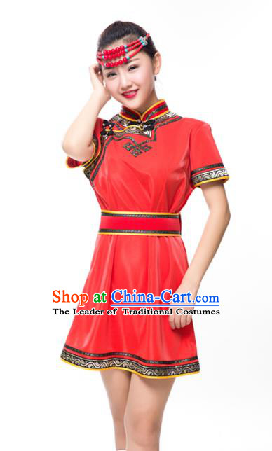 Traditional Chinese Mongol Nationality Costume Red Dress, Mongolian Folk Dance Clothing for Women