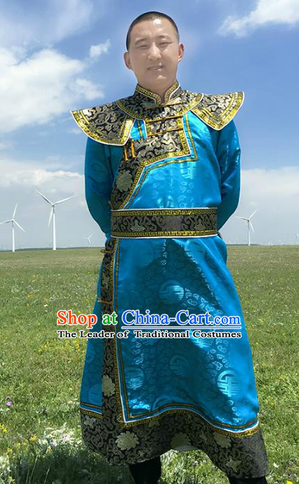 Chinese Mongol Nationality Royal Highness Costume, Traditional Mongolian Folk Dance Clothing Blue Mongolian Robe for Men