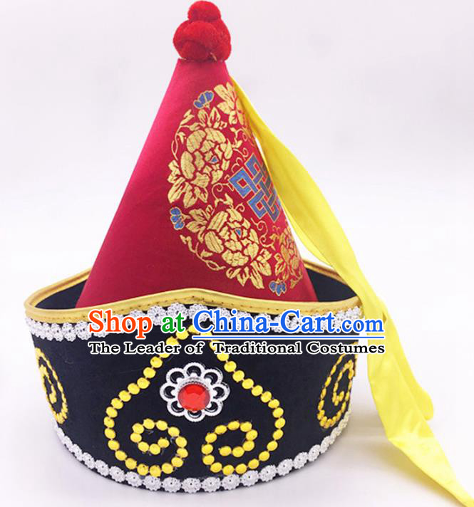 Traditional Chinese Mongol Nationality Prince Red Hat, Mongolian Minority Dance Hats for Men