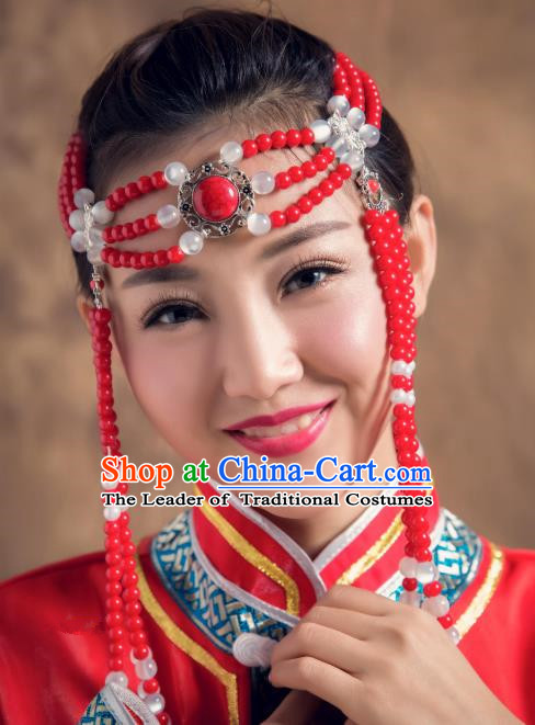 Traditional Chinese Mongol Nationality Red Beads Hair Accessories, Mongolian Minority Dance Hair Clasp for Women