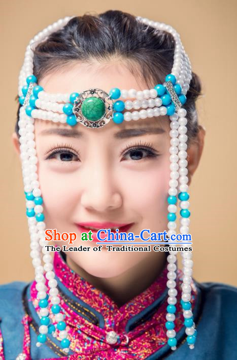Traditional Chinese Mongol Nationality White Beads Hair Accessories, Mongolian Minority Dance Hair Clasp for Women