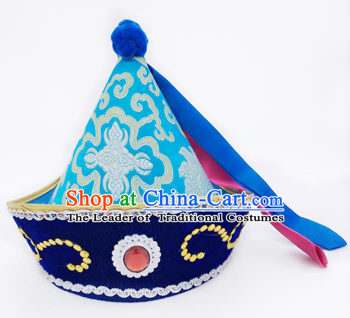 Traditional Chinese Mongol Nationality Hat Hair Accessories, Handmade Mongolian Minority Blue Hats Headwear for Kids