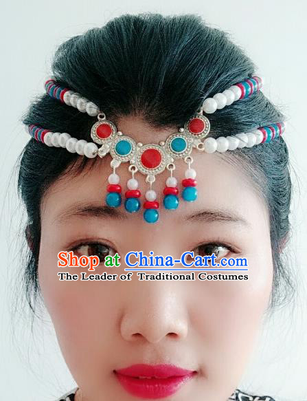 Traditional Chinese Mongol Nationality Beads Hair Accessories, Mongolian Minority Dance Headwear for Women