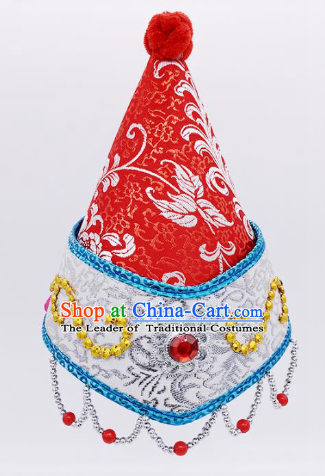 Traditional Chinese Mongol Nationality Red Hats Hair Accessories, Mongolian Minority Dance Headwear for Kids