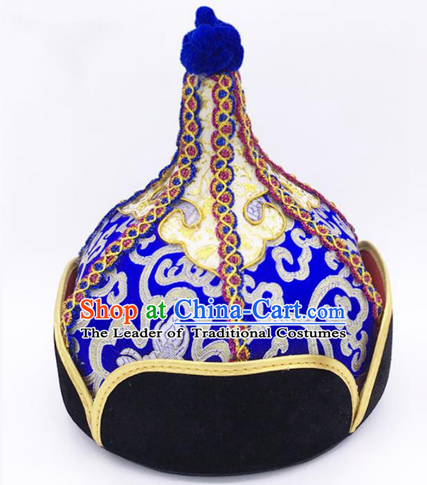 Traditional Chinese Mongol Nationality Blue Hat Hair Accessories, Handmade Mongolian Minority Prince Hats Headwear for Men