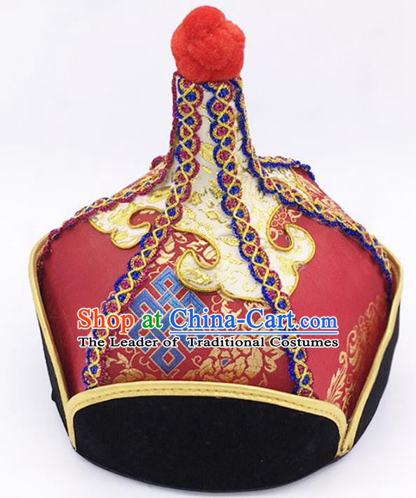 Traditional Chinese Mongol Nationality Red Hat Hair Accessories, Handmade Mongolian Minority Prince Hats Headwear for Men