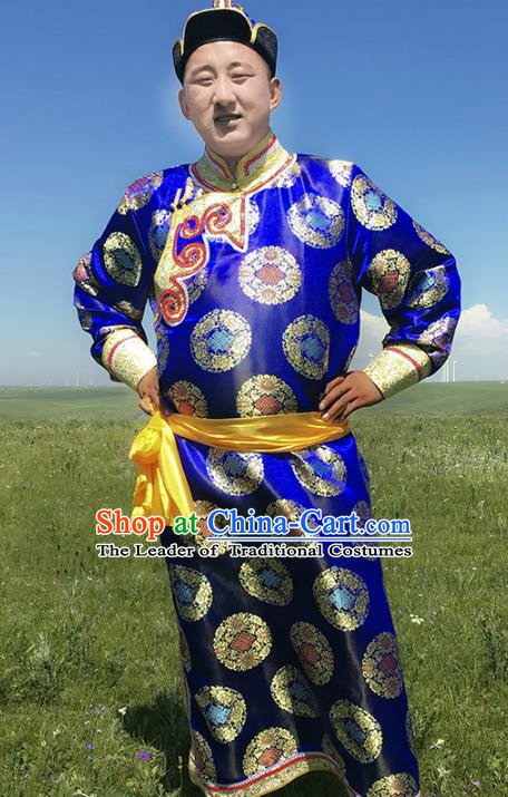 Traditional Chinese Mongol Nationality Costume Royalblue Mongolian Robe, Mongolian Folk Dance Clothing for Men
