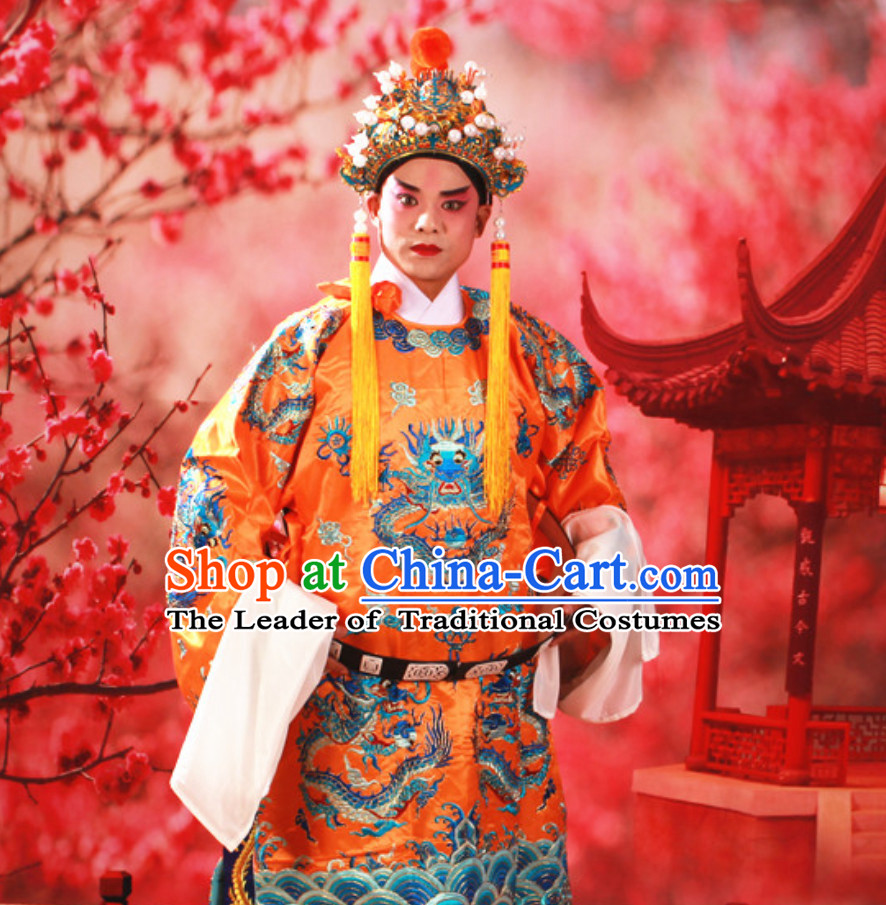 Yellow Color Chinese Classical Beijing Opera Mang Embroidered Dragon Long Robe for Men