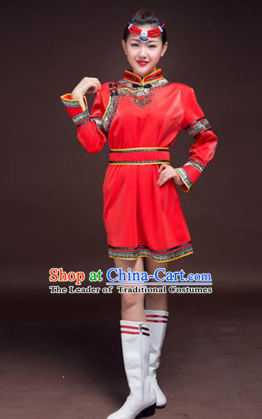 Chinese Mongol Nationality Red Costume, Traditional Mongolian Folk Dance Clothing Mongolian Robe for Women