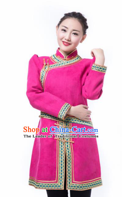 Chinese Mongol Nationality Ethnic Suede Fabric Costume, Traditional Mongolian Folk Dance Rosy Clothing for Women