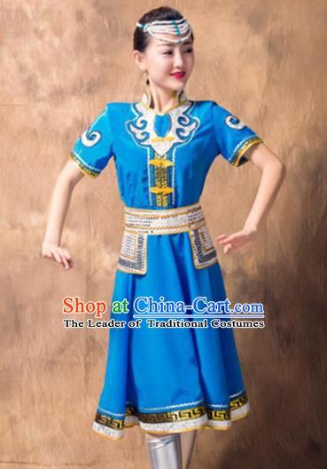 Chinese Mongol Nationality Ethnic Costume Blue Dress, Traditional Mongolian Folk Dance Clothing for Women