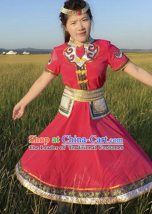 Chinese Mongol Nationality Ethnic Costume Rosy Dress, Traditional Mongolian Folk Dance Clothing for Women