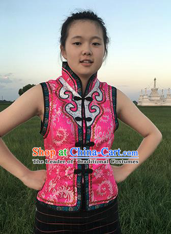 Chinese Mongol Nationality Ethnic Costume Pink Vests, Traditional Mongolian Folk Dance Waistcoat for Women