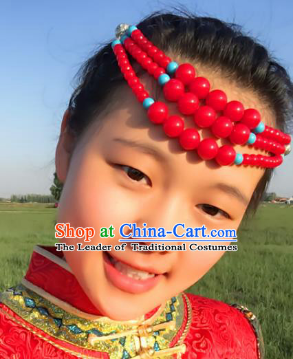 Traditional Chinese Folk Dance Hair Accessories, Mongolian Minority Red Beads Hair Jewelry Dance Headwear for Women