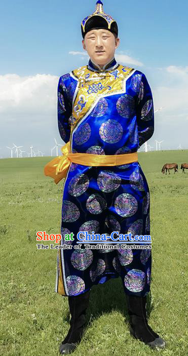 Chinese Mongol Nationality Ethnic Costume Royalblue Mongolian Robe, Traditional Mongolian Folk Dance Clothing for Men