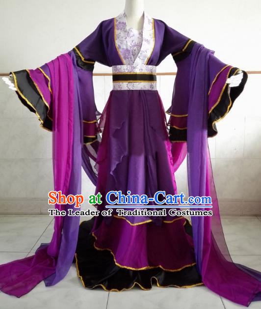 Chinese Ancient Cosplay Fairy Costume Tang Dynasty Palace Princess Swordswoman Purple Hanfu Dress for Women