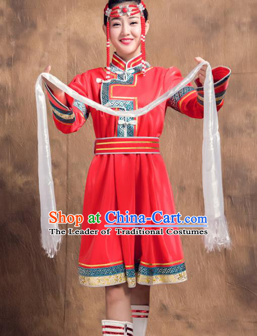 Chinese Traditional Female Ethnic Costume, Mongolian Minority Folk Dance Red Dress for Women