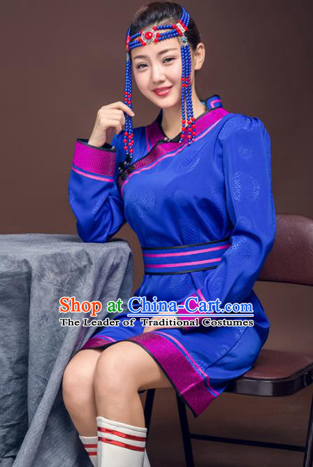 Chinese Traditional Female Ethnic Costume, China Mongolian Minority Folk Dance Royalblue Dress for Women