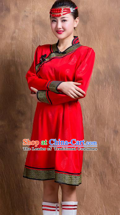 Chinese Traditional Female Ethnic Costume, China Mongolian Minority Folk Dance Red Dress for Women