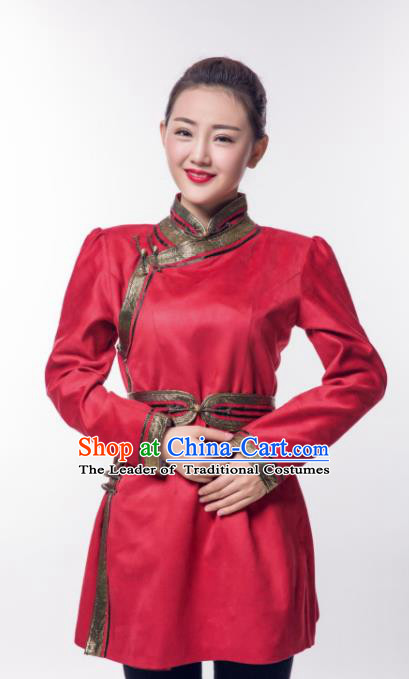 Chinese Traditional Female Red Suede Fabric Ethnic Costume, China Mongolian Minority Folk Dance Clothing for Women