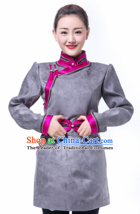 Chinese Traditional Female Grey Suede Fabric Ethnic Costume, China Mongolian Minority Folk Dance Clothing for Women