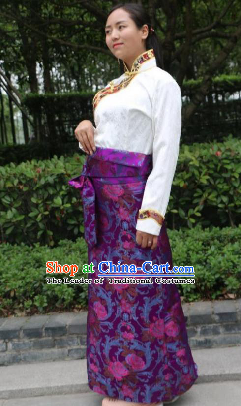 Chinese Traditional Minority Costume Zang Nationality Purple Brocade Bust Skirt for Women