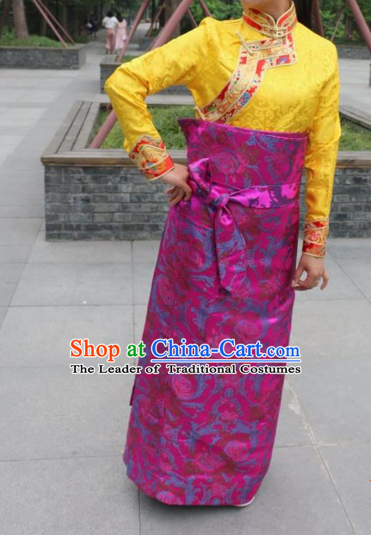 Chinese Traditional Minority Costume Zang Nationality Rosy Brocade Bust Skirt for Women