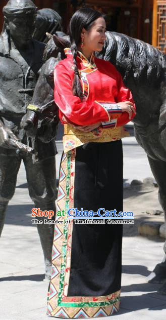 Chinese Traditional Minority Costume Zang Nationality Black Brocade Bust Skirt for Women