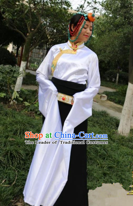 Chinese Traditional Minority Dance Costume Zang Nationality White Water Sleeve Clothing for Women