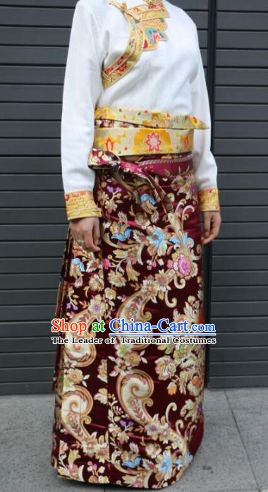 Chinese Traditional Minority Dance Costume Zang Nationality Tibetan Minority Purplish Red Skirt for Women
