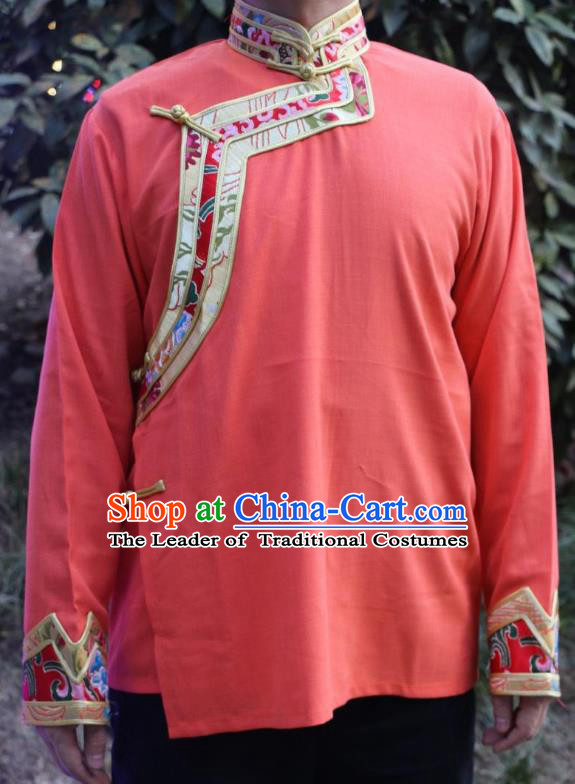 Chinese Traditional Tibetan Minority Dance Costume Zang Nationality Pink Shirt for Men