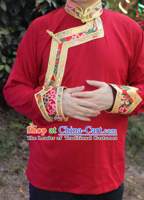 Chinese Traditional Tibetan Minority Dance Costume Zang Nationality Red Shirt for Men