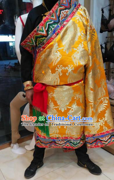 Chinese Traditional Tibetan Minority Dance Costume Zang Nationality Golden Tibetan Robe for Men