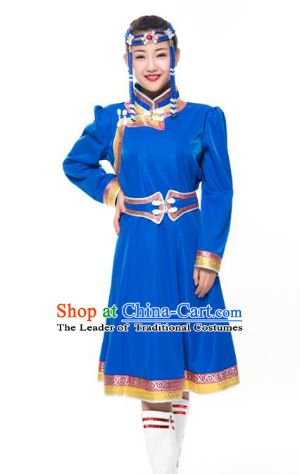 Chinese Traditional Female Ethnic Costume Blue Mongolian Robe, China Mongolian Minority Folk Dance Clothing for Women